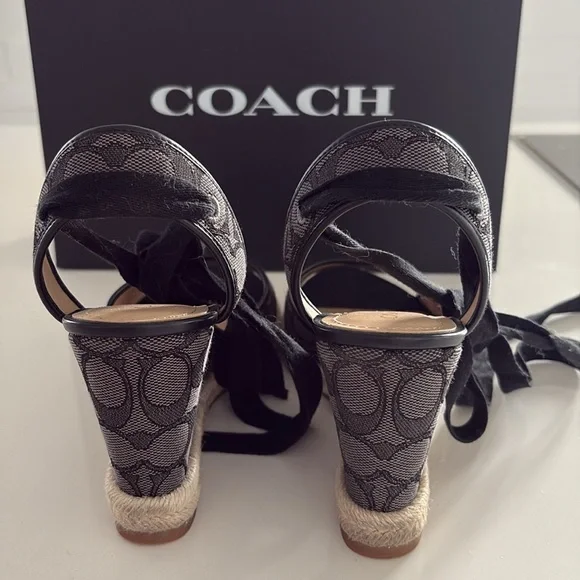 7.5B Coach Black Wedge Sandals Patrice Sig Espdrill Black/Smoke/Coal Box incl’d - Picture 8 of 14